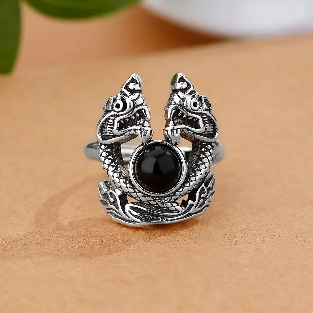 Silver 925 relief winding mythical beast black agate mens rings Retro domineering classic round gemstone ring adjustable jewelry