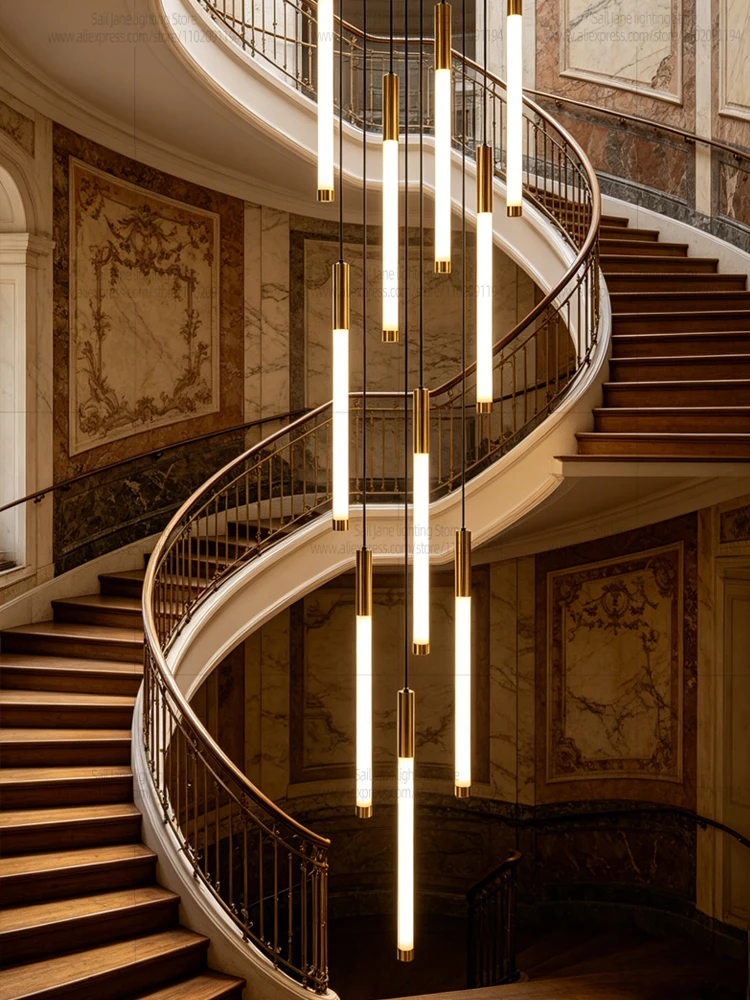 Modern Luxury Vertical LED Chandelier Duplex Attic Long Tube Pendant Light Villa Ceiling Lght