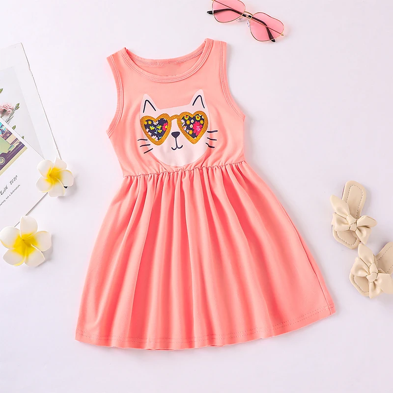 

Toddler's Cool Comfort Cat Print Midi Dress - Casual Summer Fun, Easy-Care Stretch Fabric