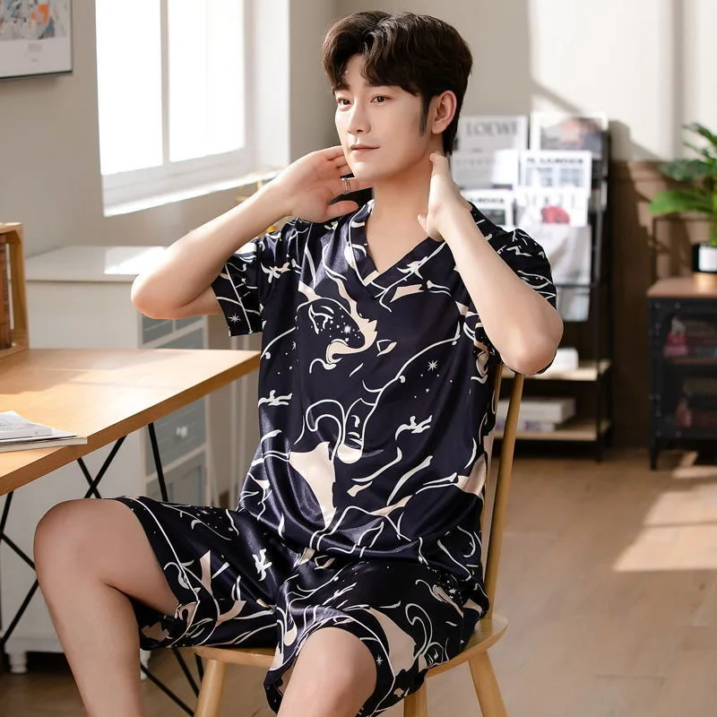 Silk Pajama Sets Men Two Pieces Sleepwear Short Sleeve Top Shorts Summer Loungewear Print High Quality Nightwear Thin Pajamas