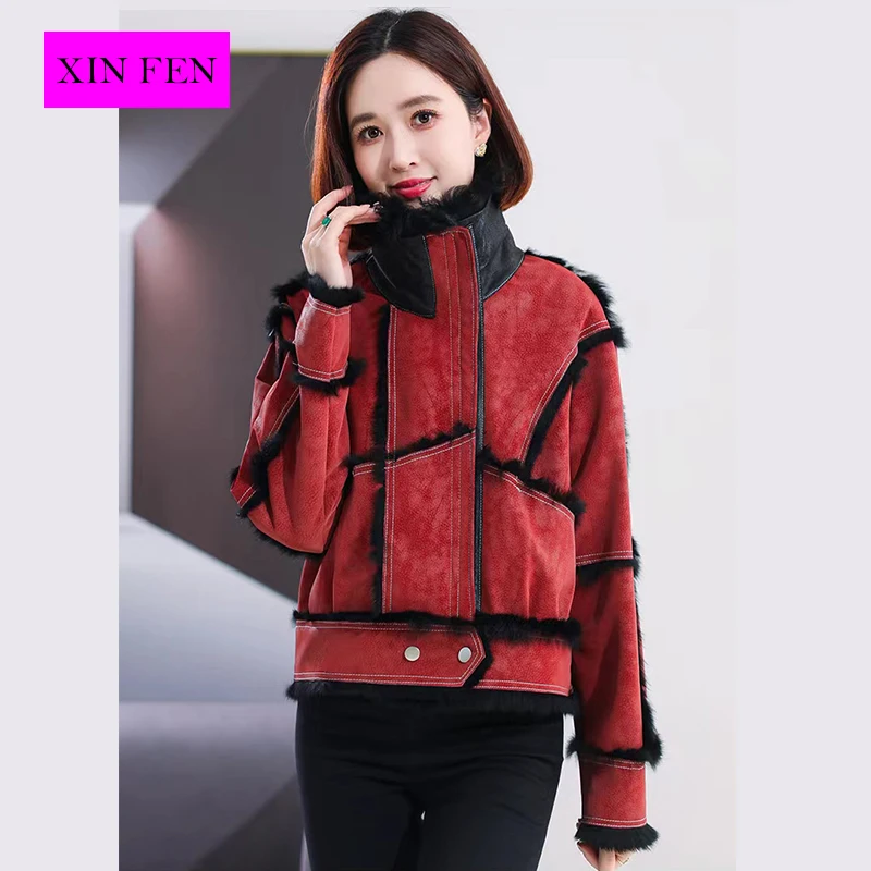 2024 Autumn Winter Fur Coat natural Rabbit Short Women\'s Rabbit Fur Lining Sheepskin Neck Fashionable Warmth Overcoat