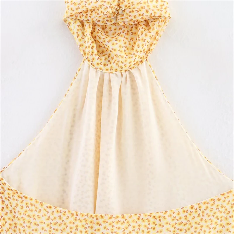 Keyanketian 2025 verão novo feminino halter floral mini vestido férias vento em camadas babados decoração magro sem costas vestidos de impressão