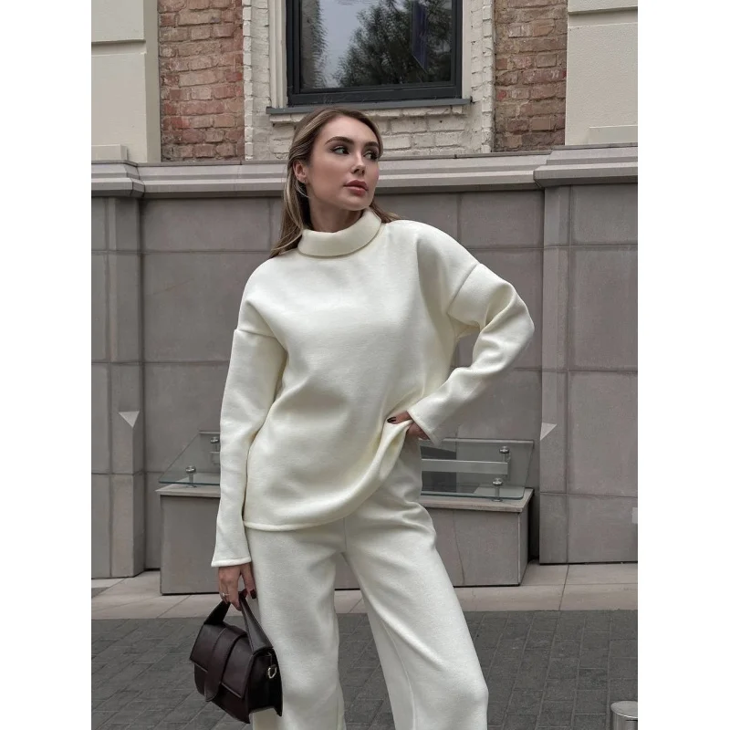 

New Solid Color Woolen Suit Simple Style High Neck Warm Long Sleeve Top Straight Floor-Length Pants Women