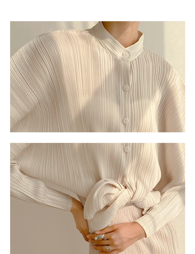 Miyake Plissiertes Einreihiges Hemd 2025 Sommer Neu Hochwertiges Plissiertes Retro-Trend Stehkragen Dünnes Hemd – Detail 5