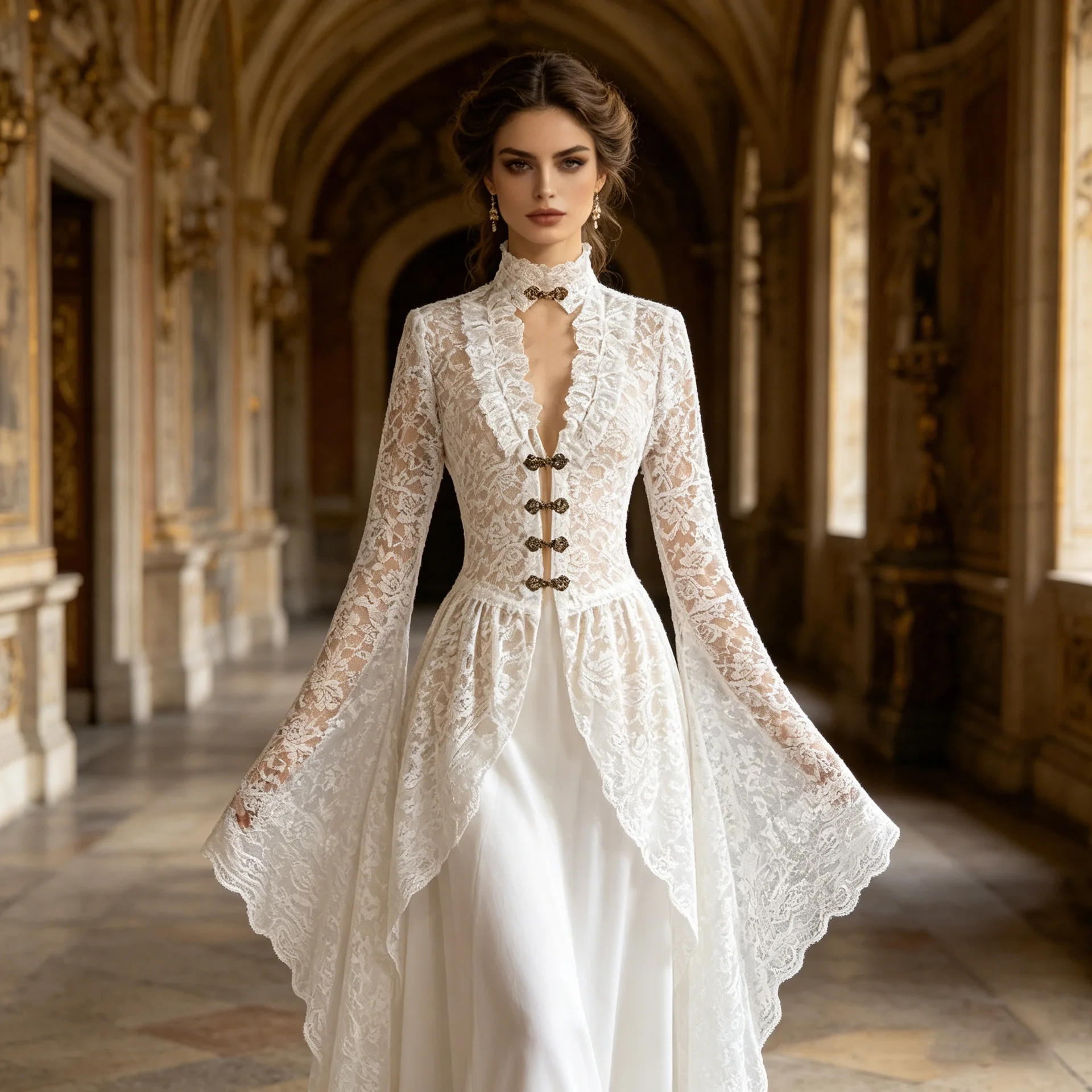 Damen Vintage Gothic Viktorianisches Spitzenkleid Renaissance Hofkleid mit Spitzenbandage Maxikleid mit Langen Flügelärmeln Korsett Weißes Kostüm