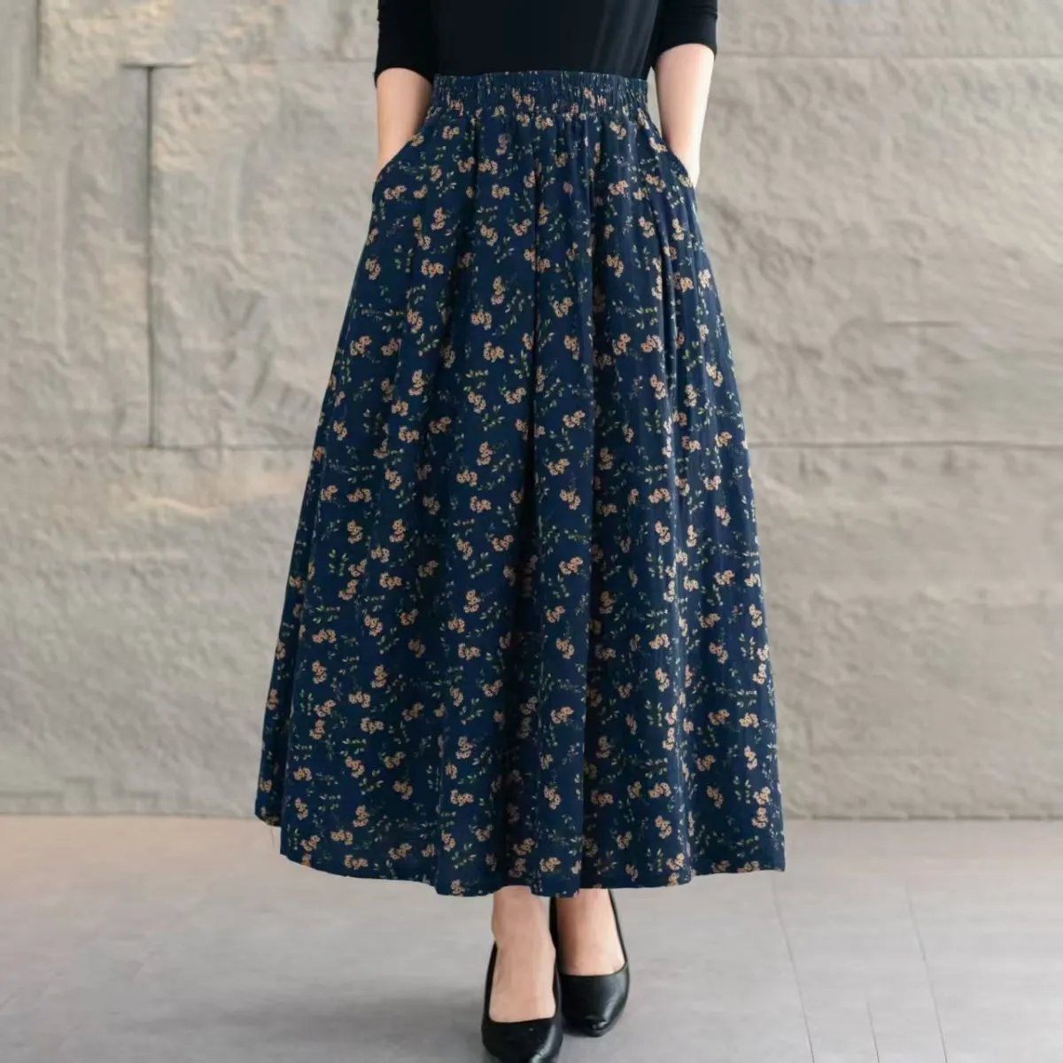 

Floral Cotton Linen f Skirt Women's Summer Faion Versatile Slimming Long High Waist Elastic A-Line Skirt Casual Loose Fit