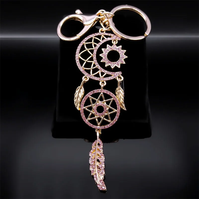 Fashion Dream Catcher Sun Moon Keychain for Women Pink Crystal Lovely Alloy Rhinestone Dreamcatcher Key Ring Jewerly K9215S04