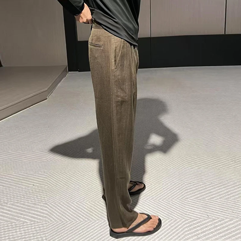 Pantaloni di lino tinta unita da uomo alla moda Pantaloni di lino dritti larghi drappeggiati casual autunnali Pantaloni di lino vintage da uomo streetwear