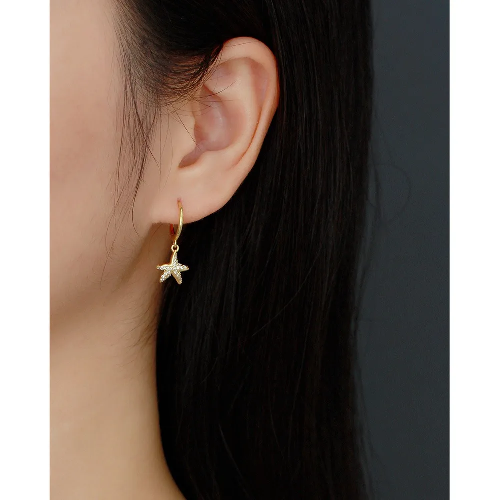 

Island Wind S925 Sterling Silver Starfish Diamond Light Luxury Earrings, Versatile Ear Buckle Silver Earrings