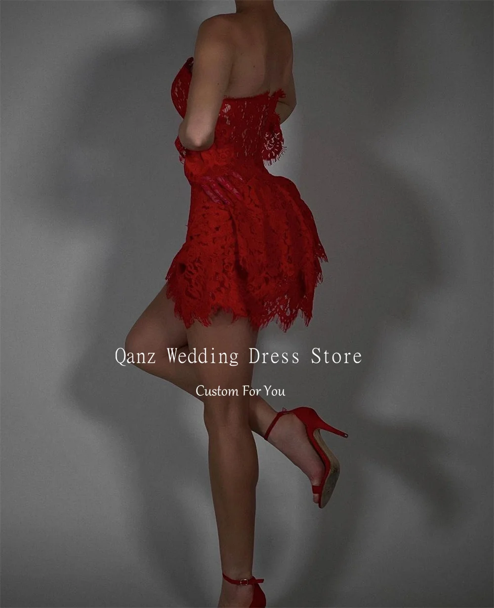 Qanz-Mini curto Prom Dresses, Strapless Red Full Lace, Sexy Party Gown, Graduação Vestidos Cocktail