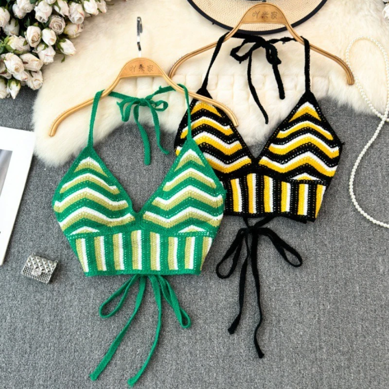 

Women's Beach Vacation Halter Top Woven V-Neck Backless Cami Slim Fit Summer Short Sleeve Blouse Boho Chic Outerwear for Travel