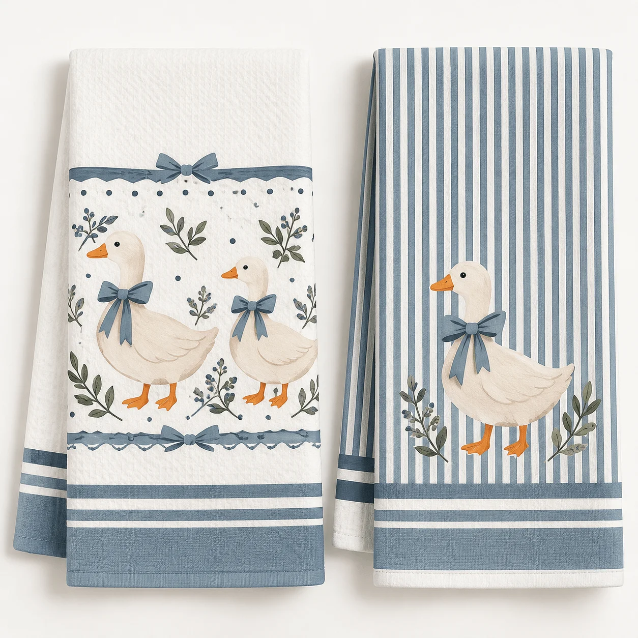2 towels, polyester blue-gray duckling printing kitchen towel set, simple pastoral design