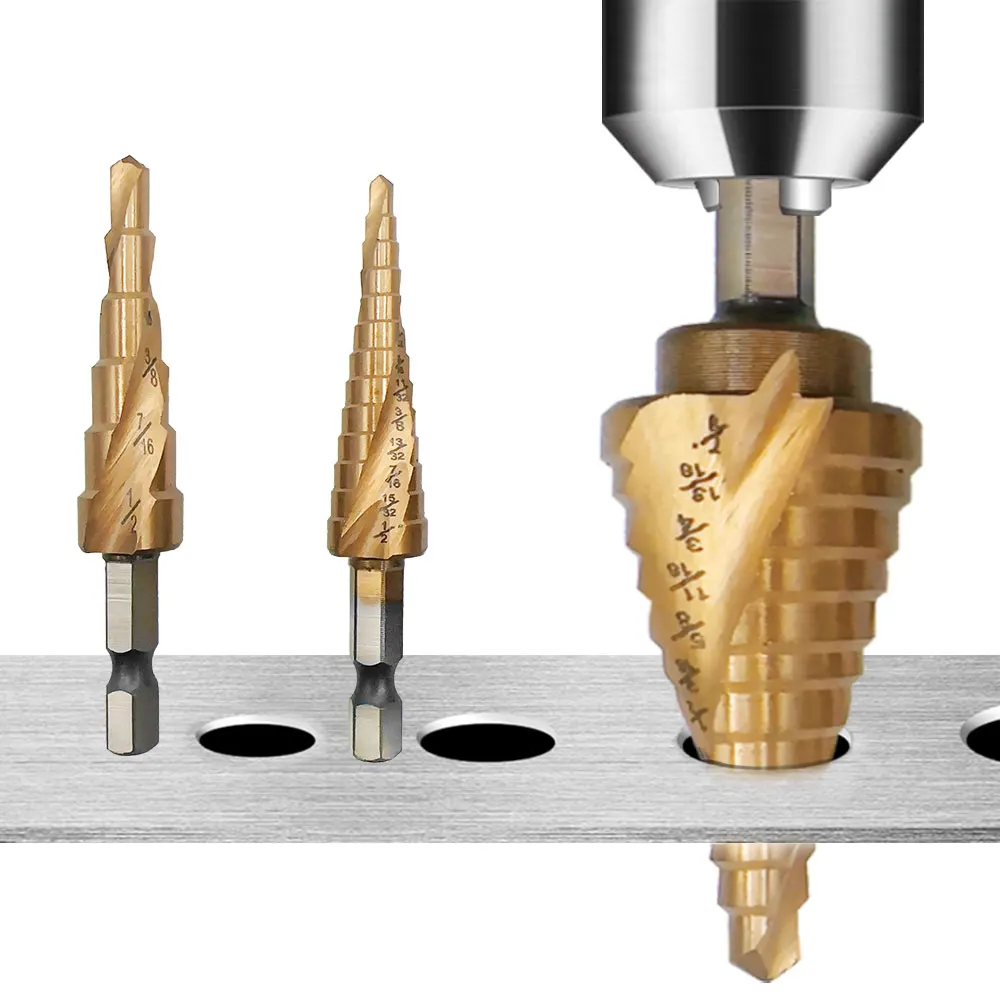 Hexagonal handle spiral groove titanium plated step drill British system small 3pc pagoda drill hole set