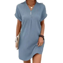 Elegant Two Buttons Decoration V Neck Pullover Dresses Women Solid Color Short Sleeve Dress Summer Female Daily Casual Mini Gown