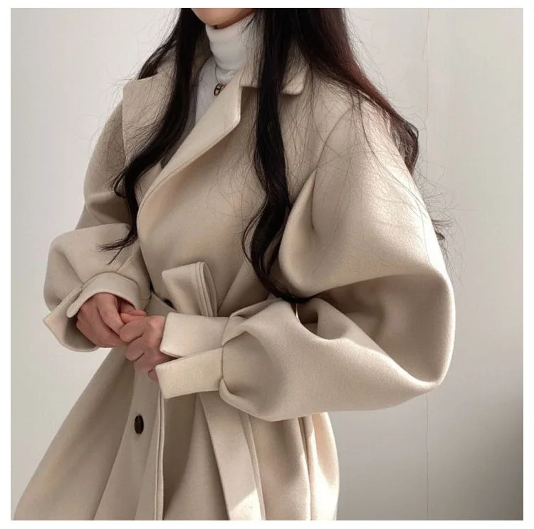 

Women Solid Wool Blend Coat Slim Fit Belt Coats Female Warm Cotton Thicker V-neck Office Lady Elegant Trendy Button Outwear