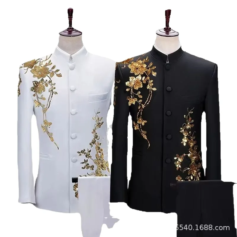 Bilateral Inlaid Flowers and Diamonds Chinese Tunic Suit for Men, Singers Stage Stand-up Collar Performance Clothing 2-piece Set