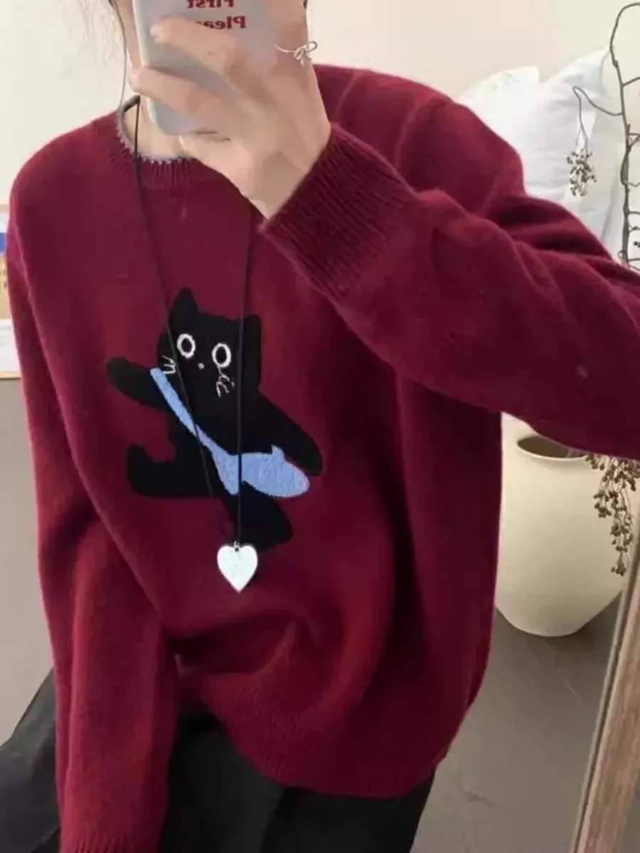 かわいい猫プリントセーター女性の秋冬ソフトニットプルオーバー多用途カジュアル暖かいベースレイヤートップ漫画ジャカードニットウェア