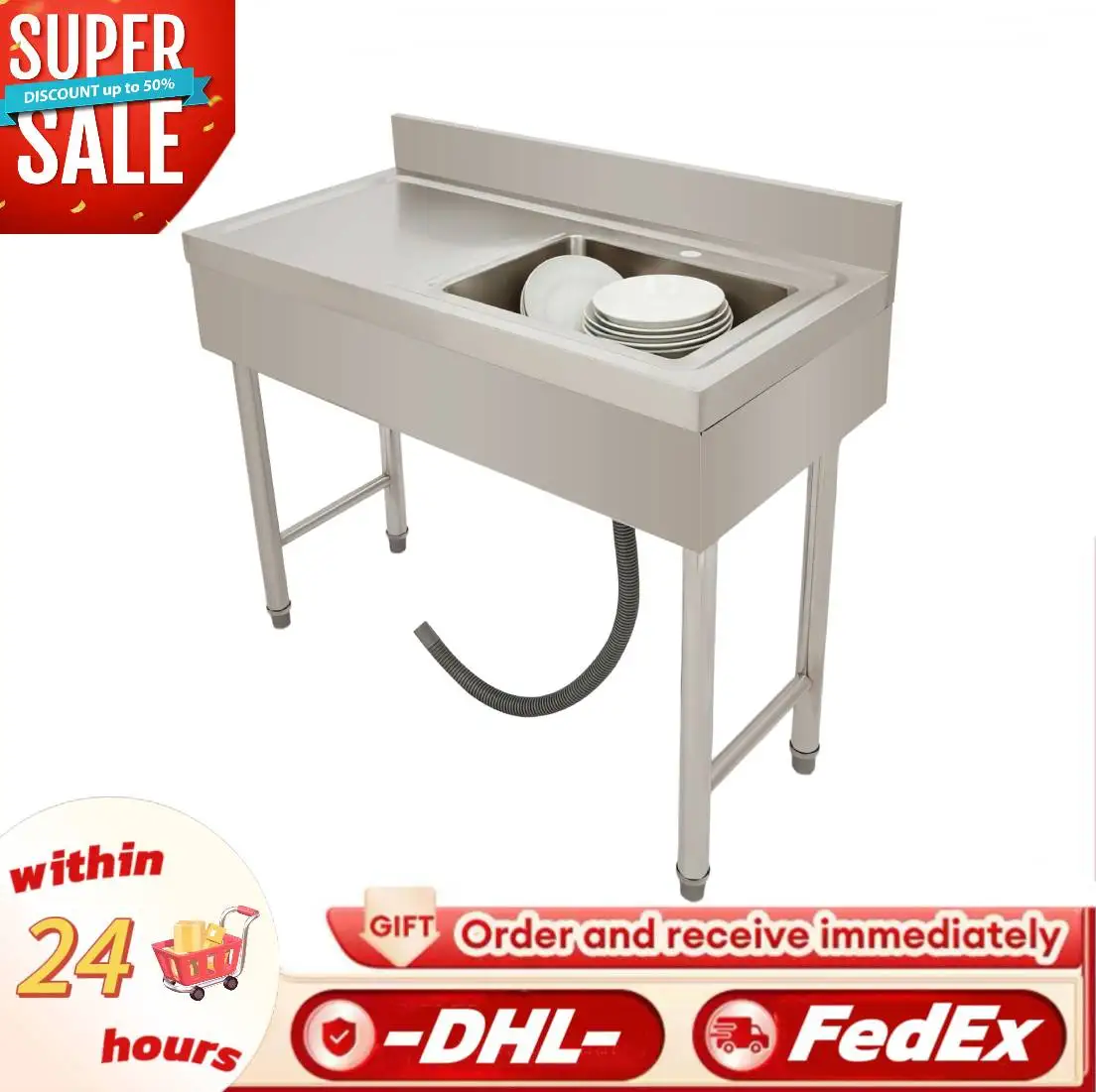 

Отдельностоящая кухонная мойка с поворотом на 360° ° Коммерческая мойка с одним отсеком и смесителем, 100x50x80 см, для дома/ресторана