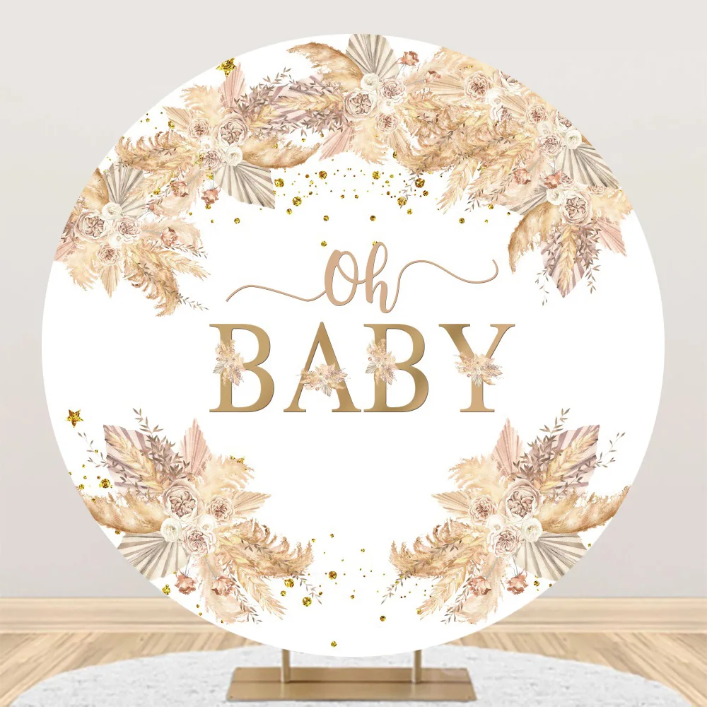 Oh Baby Shower Birthday Round Backdrop Cover Bohemian Flower Boy Girl Birthday Party Circle Elastic Photography Background Decor