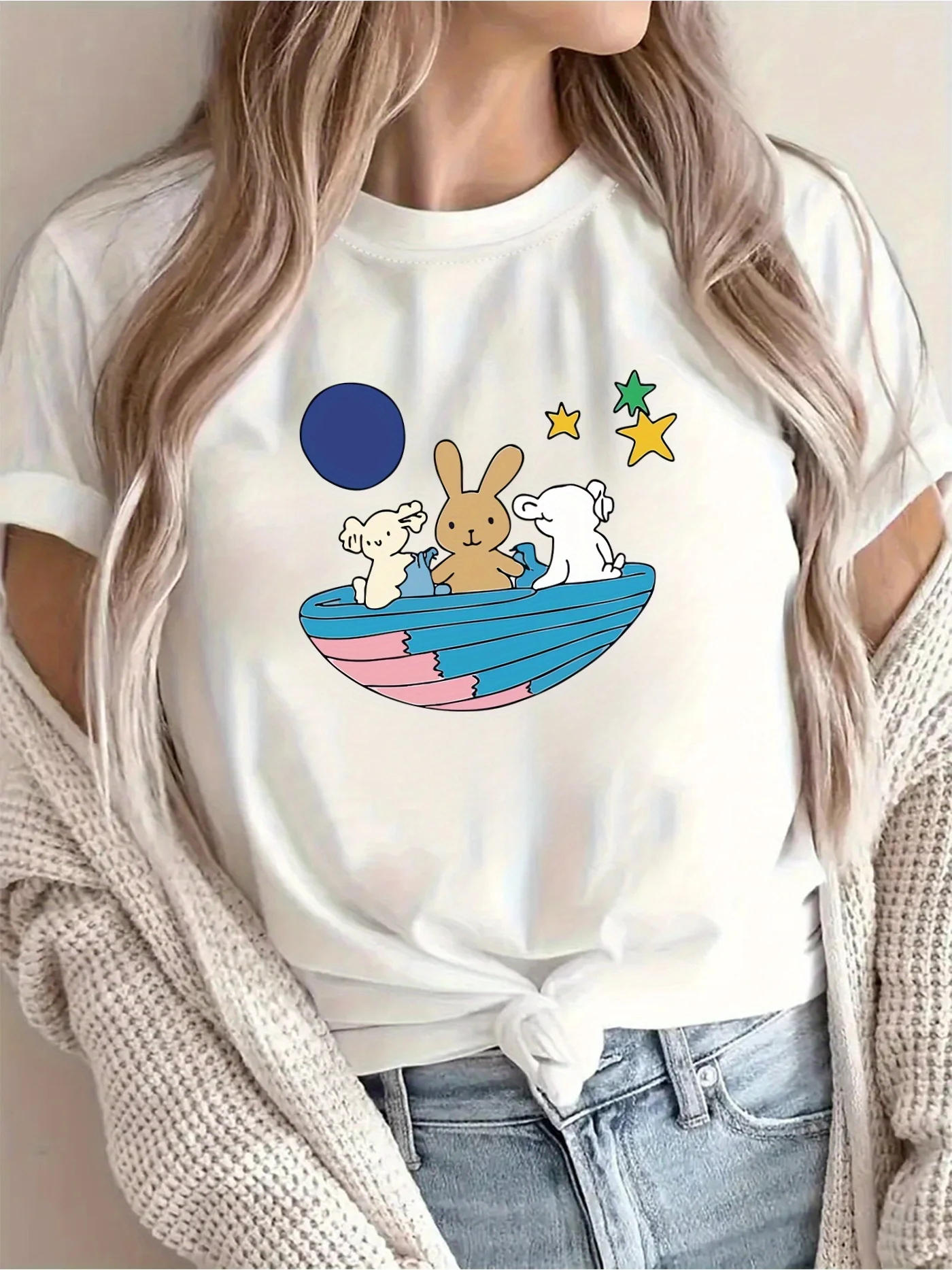 Cute Bunny Floating Pattern Print T-Shirt Women's Crewneck Casual Short Sleeve T-Shirt Summer Streetwear Tops Fashion Tees