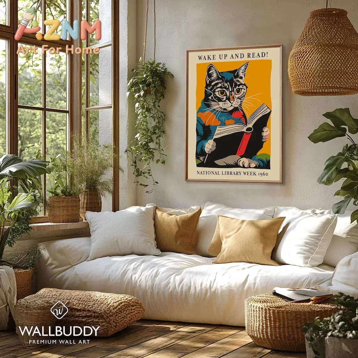 AZNM Wake Up And Read Cat Reading Book Canvas Wall Art Retro National Library Week Vintage Frameless Print Poster for Home Decor