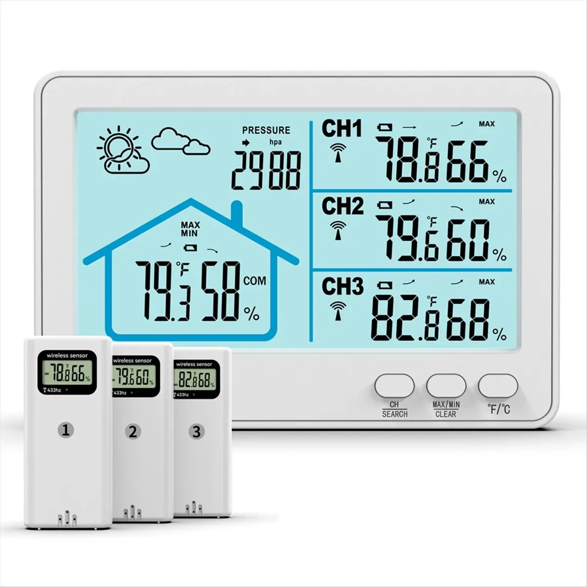A79G Wireless Weather Station Barometer Color LCD Screen Temperature Humidity Meter 433 Weather Station Forecast Sensor White