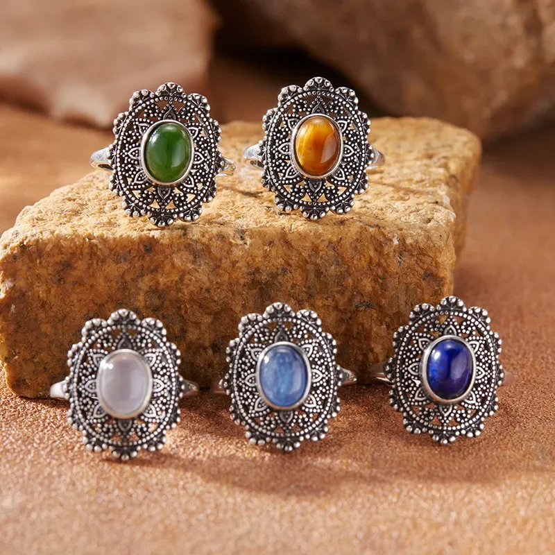 S925 sterling silver retro Thai silver colored treasure ring female court hollow pattern multi-colored natural gemstone