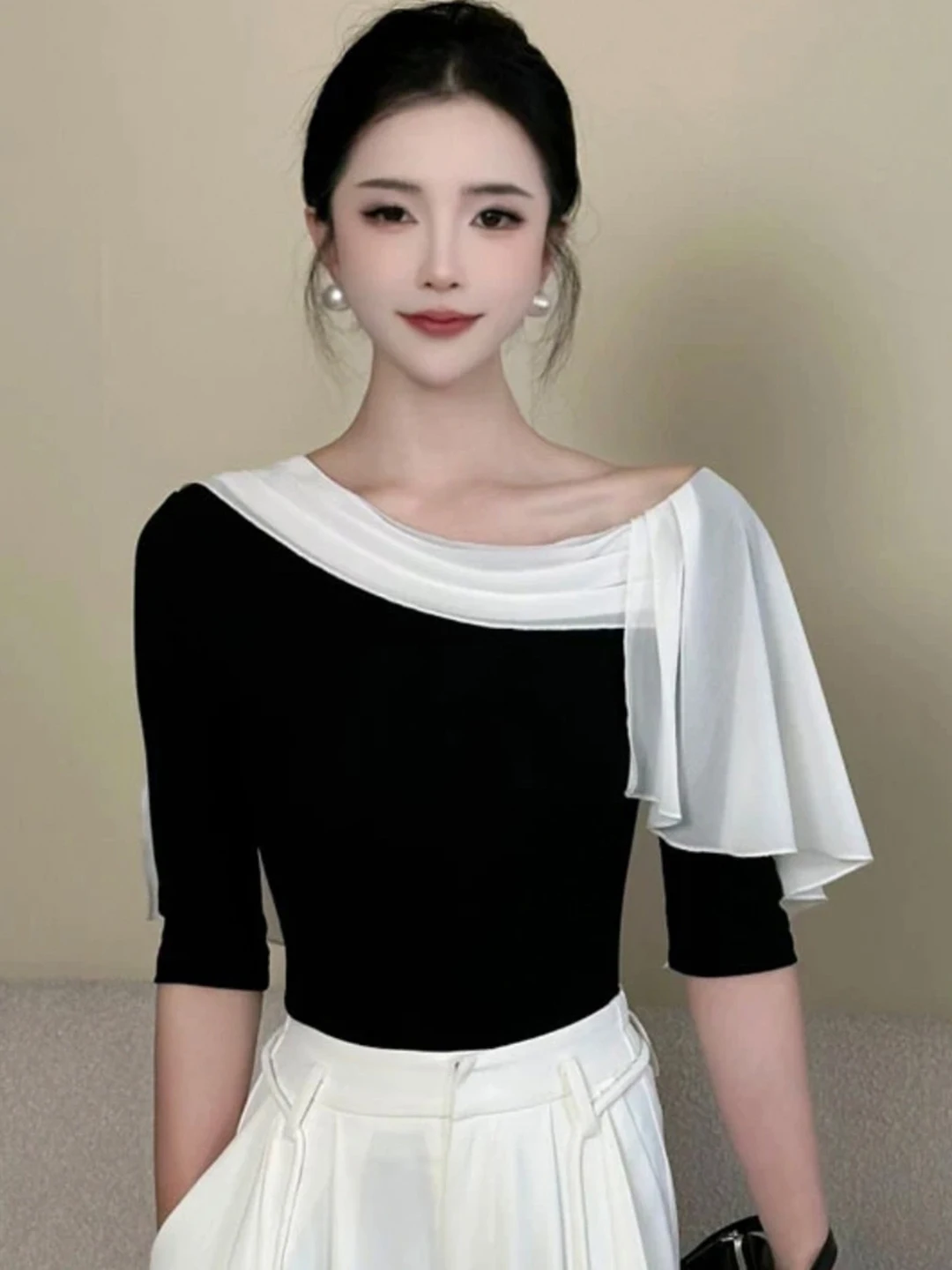 Stylish Slimming Off-Shoulder Color Block Sleeve T-Shirt Women's Summer Casual Fashion Unique Beautiful High-End Feel Top