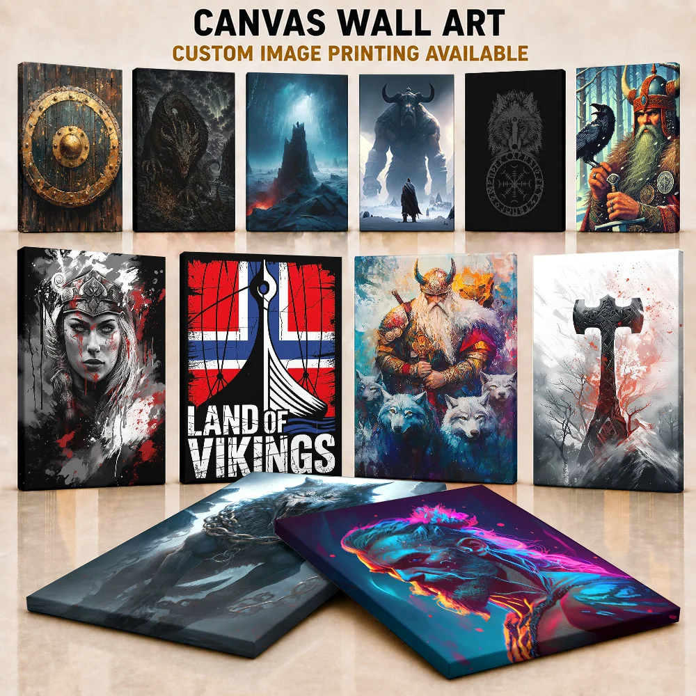 Nordic Mythology Art Framed Canvas Posters Epic Folklore Style Wall Decor With Customized Photo For Study Ideal Collector Gift