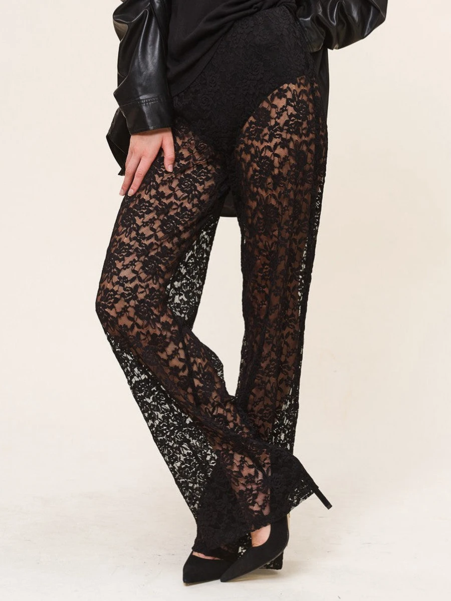 Women Lace Sheer Mesh Pants Sexy See Through High Waist Stretchy Wide Leg Trousers Y2k Fairy Grunge Gothic Streetwear