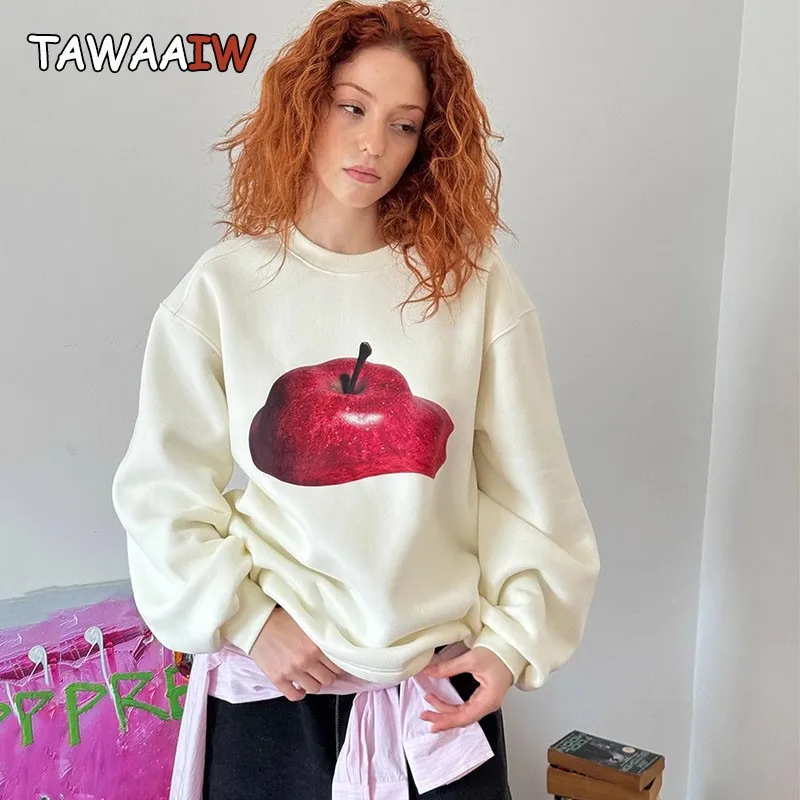 Tawaaiw American Retro Print O Neck Y2k Graphic Hoodie Long Sleeve Autumn Loose Outerwear Women Sweatshirt Pullovers Streetwear