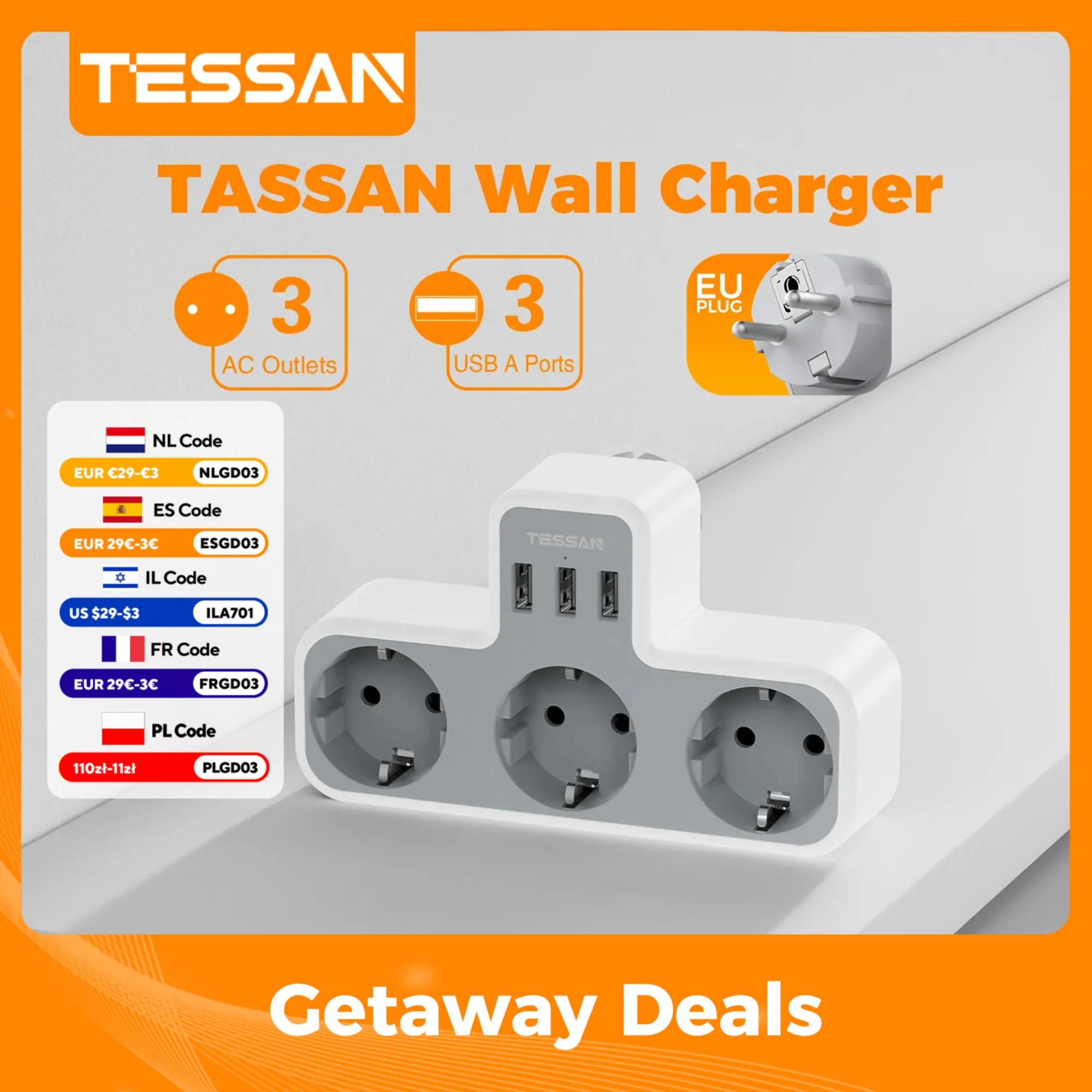 TESSAN 6-in-1 Multi Socket USB Charging Adapter with 3 AC Outlets and 3 USB A Ports 3600W 3-Way Wall Socket for Home Office