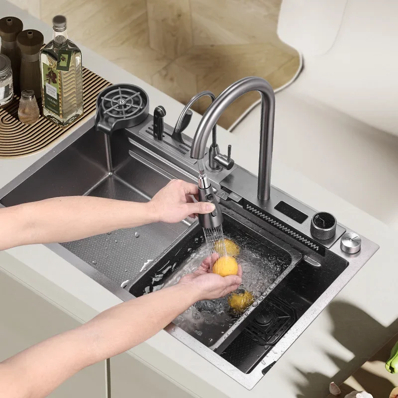 Fregadero de cascada de acero inoxidable 304 para cocina, grifo grande de una sola ranura con toque multifunción, sobre la encimera