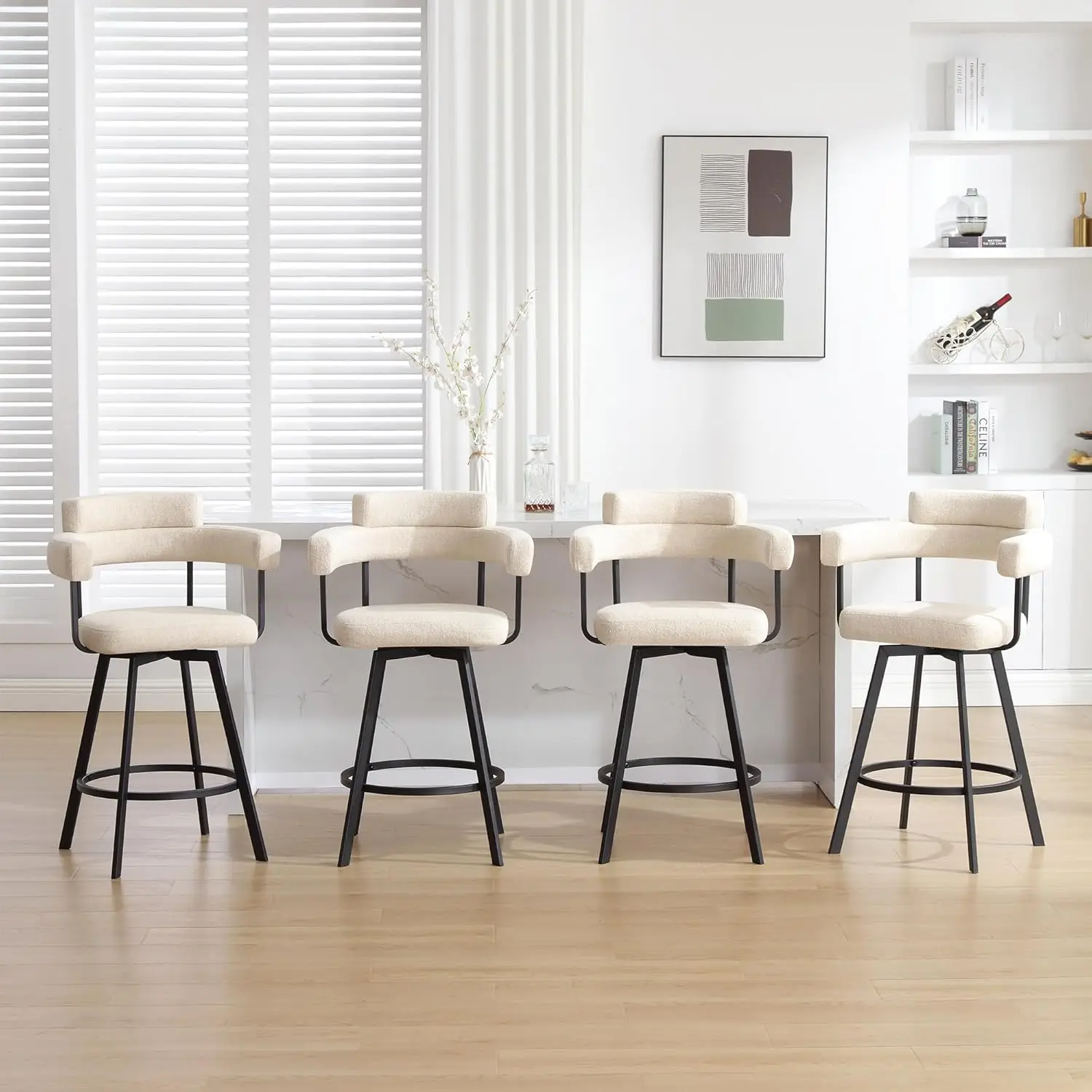 

26" Swivel Barstools Set of 4, Mid-Century Modern Counter Height Chairs with Armrests and Metal Legs, Beige Linen, Customized