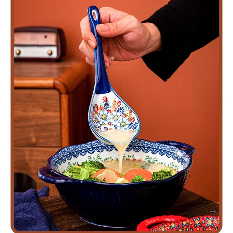 8in Ceramic Soup Bowl Double-Ear Soup Bowl Household Good-looking Salad Large Bowl Popular Restaurant Tableware Ramen Soup Bowl