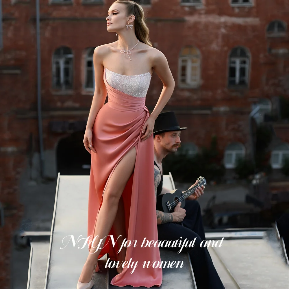 

NFYN Коралло-розовое вечернее платье без бретелек Пром платья с кристаллами Вечернее платье с высоким разрезом robe de bal для женщин по индивидуальному заказу