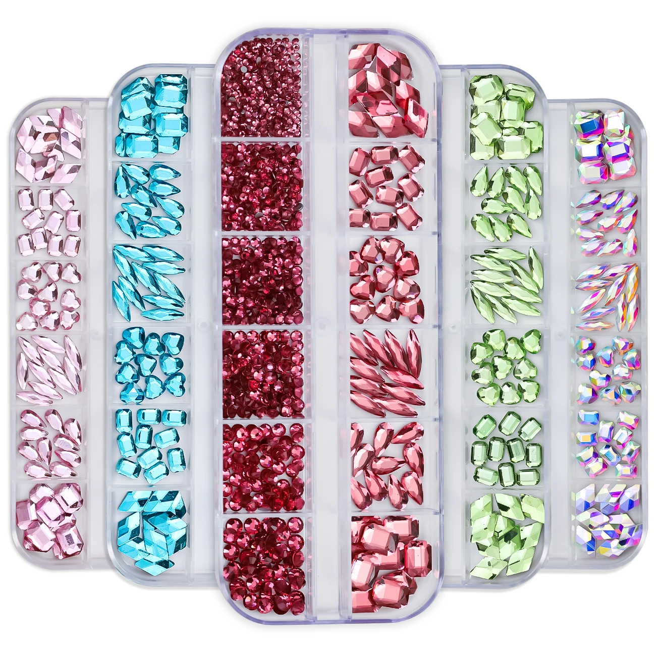 

12Grids Crystal Nail Art Rhinestones Glass Mix Shapes AB Green Blue Pink Glitter Nail Gems Diamond Flatback Nail Stones Charms