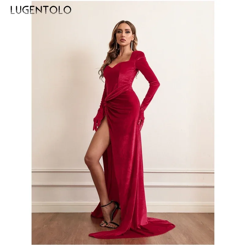女性のセクシーなドレスハイウエスト秋冬スリムパーティーレディ裾スリットベルベット気質長袖マキシ服