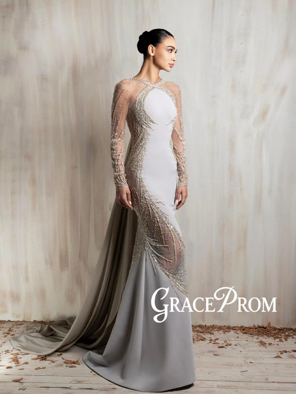 

New Chic Satin Beaded Evening Dress With Cape Floor-length Elegant Long Sleeve Wedding Party Gown Customized Red Carpet Gowns