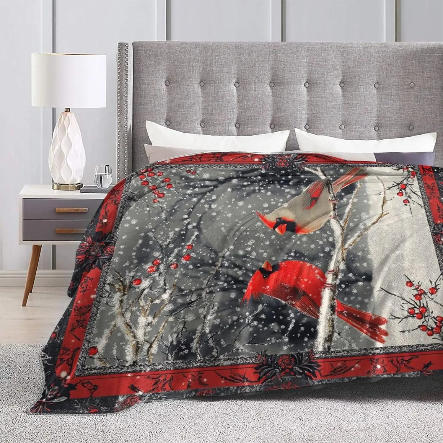 Cardinal Blanket Red Berry Fleece Throw Blanket Super Soft Warm Cozy Plush Bird Blanket Gifts for Girls Boys Kids Room Christmas
