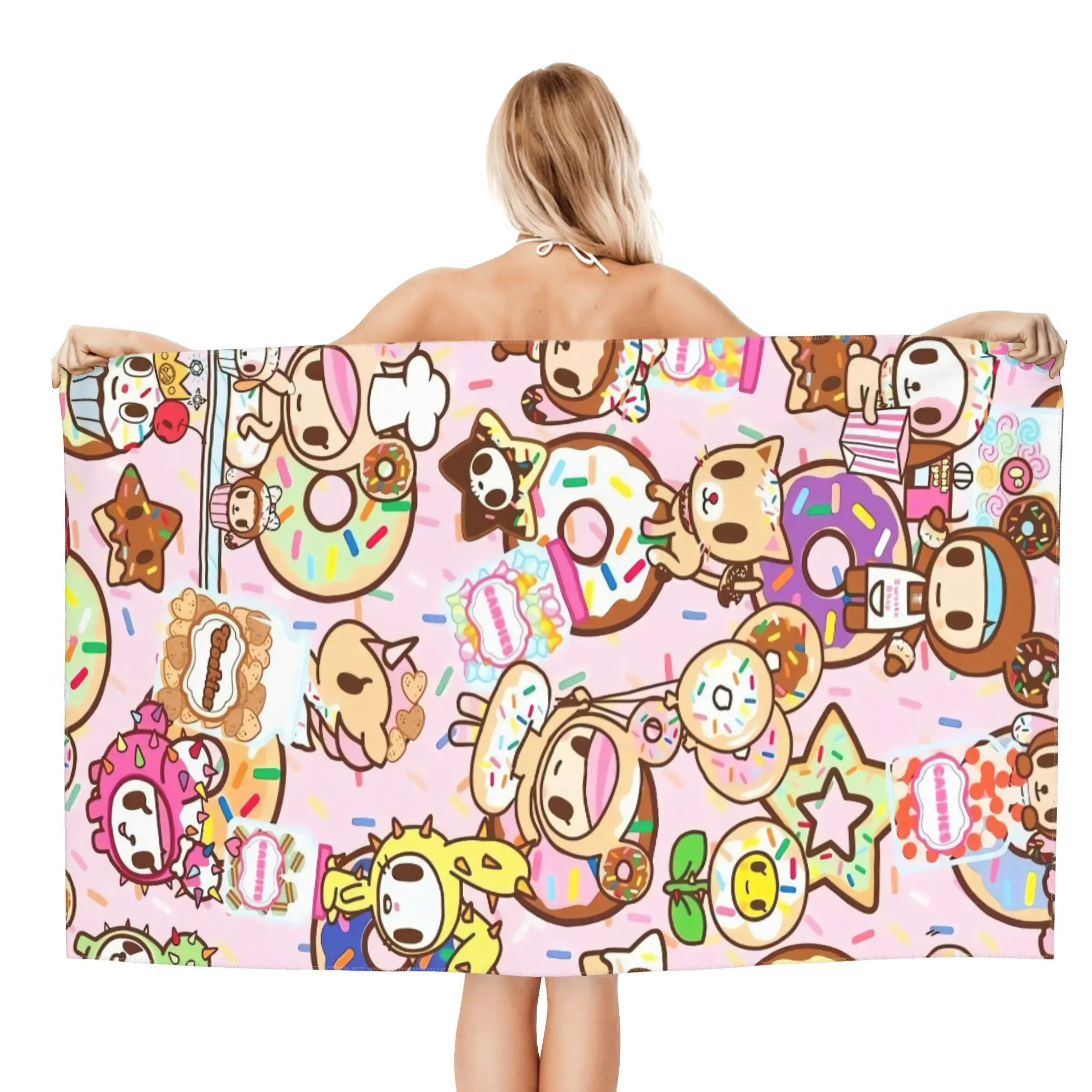 Tokidoki Donutella & Friends Beach Towel Microfiber Soft Quick Dry Kawaii Donut Print Bath Towel for Bathroom Swimming Outdoor