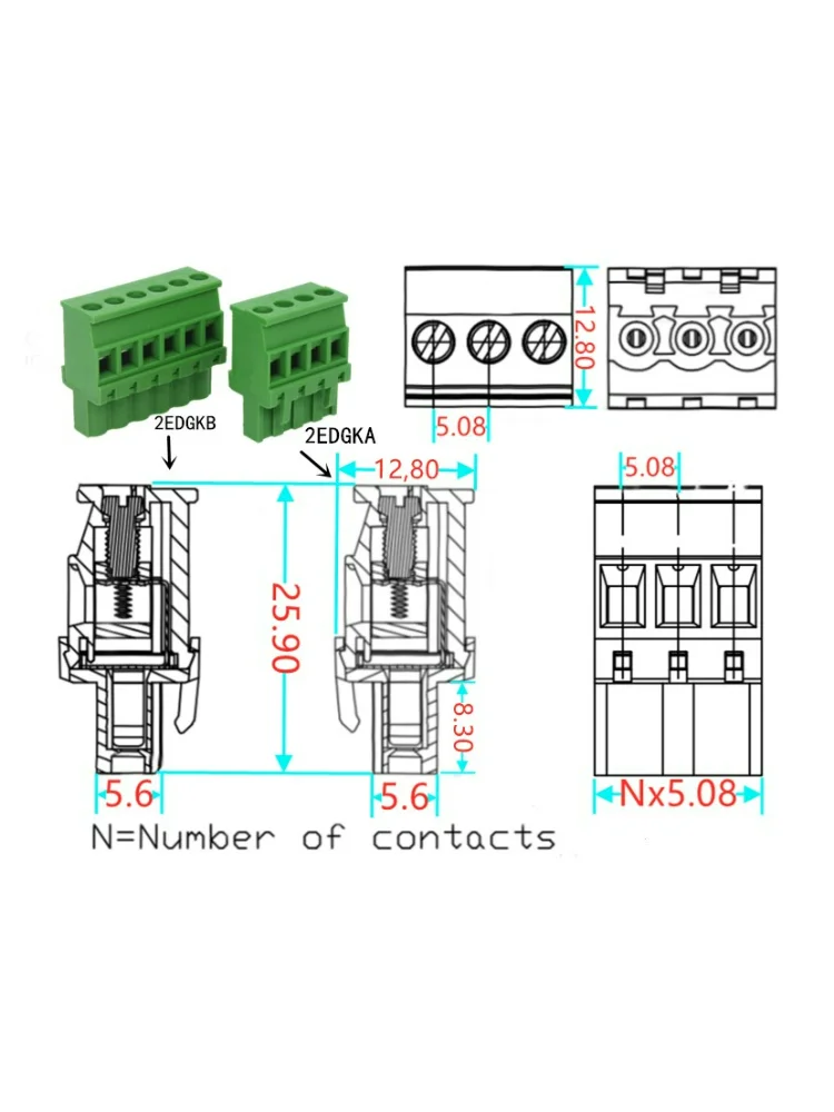 5pcs 2EDGKA/ 2EDGKB-5.08mm vertical plug plug 2EDGKB side outlet top screw 2-24pin