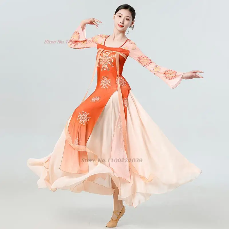 

2024 chinese women hanfu national flower print chiffon mesh hanfu tops+skirt set traditional dancer stage performance costume