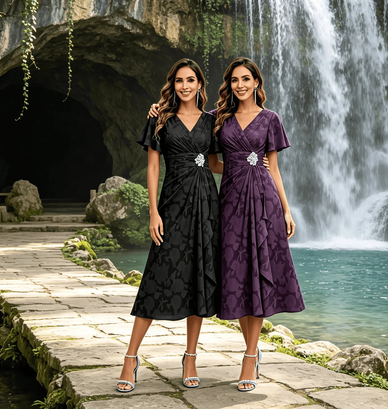 Women V‑Neck Flutter Short Sleeve Midi Formal Dress Jacquard Floral Pattern A‑Line Cocktail Party Dress Elegant Evening Dress