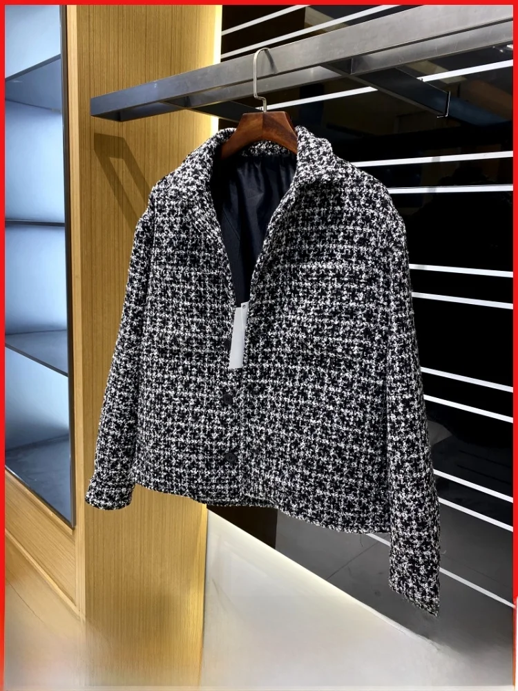 

Spani Knit And Dye Plaid Texture Long Sve irt Collar Jaet Пальто Осень Зима Молодежная мода Стенд Fit Out...