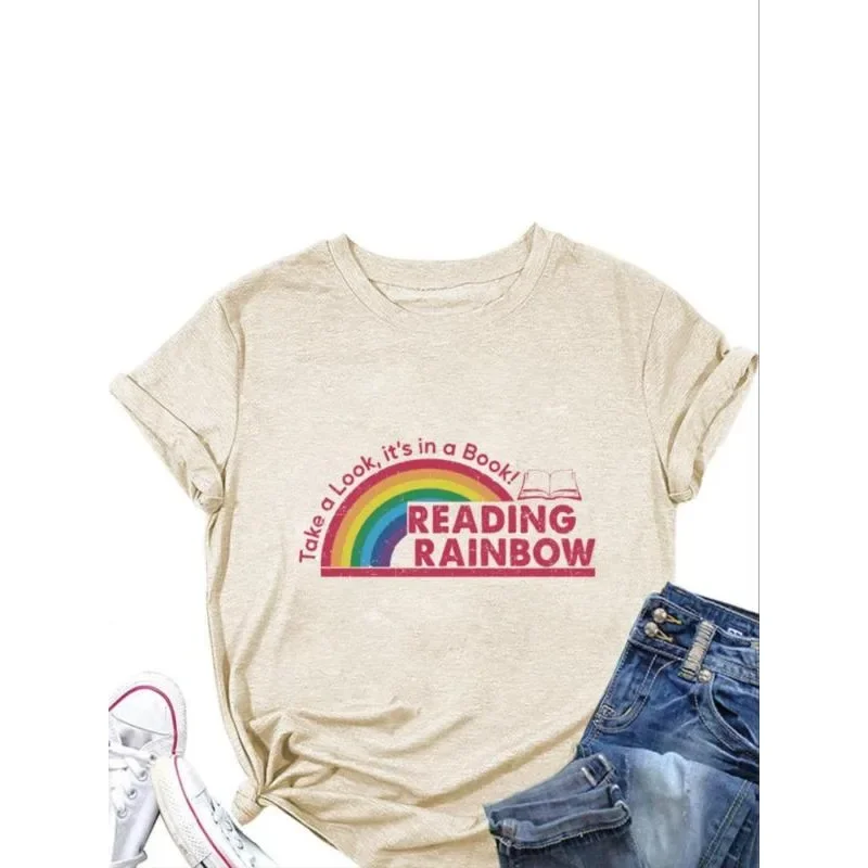 Damska koszulka plus size 1XL-5XL na lato, nowa, z tęczowym nadrukiem, krótki rękaw, okrągły dekolt, luźna koszulka damska, topy.