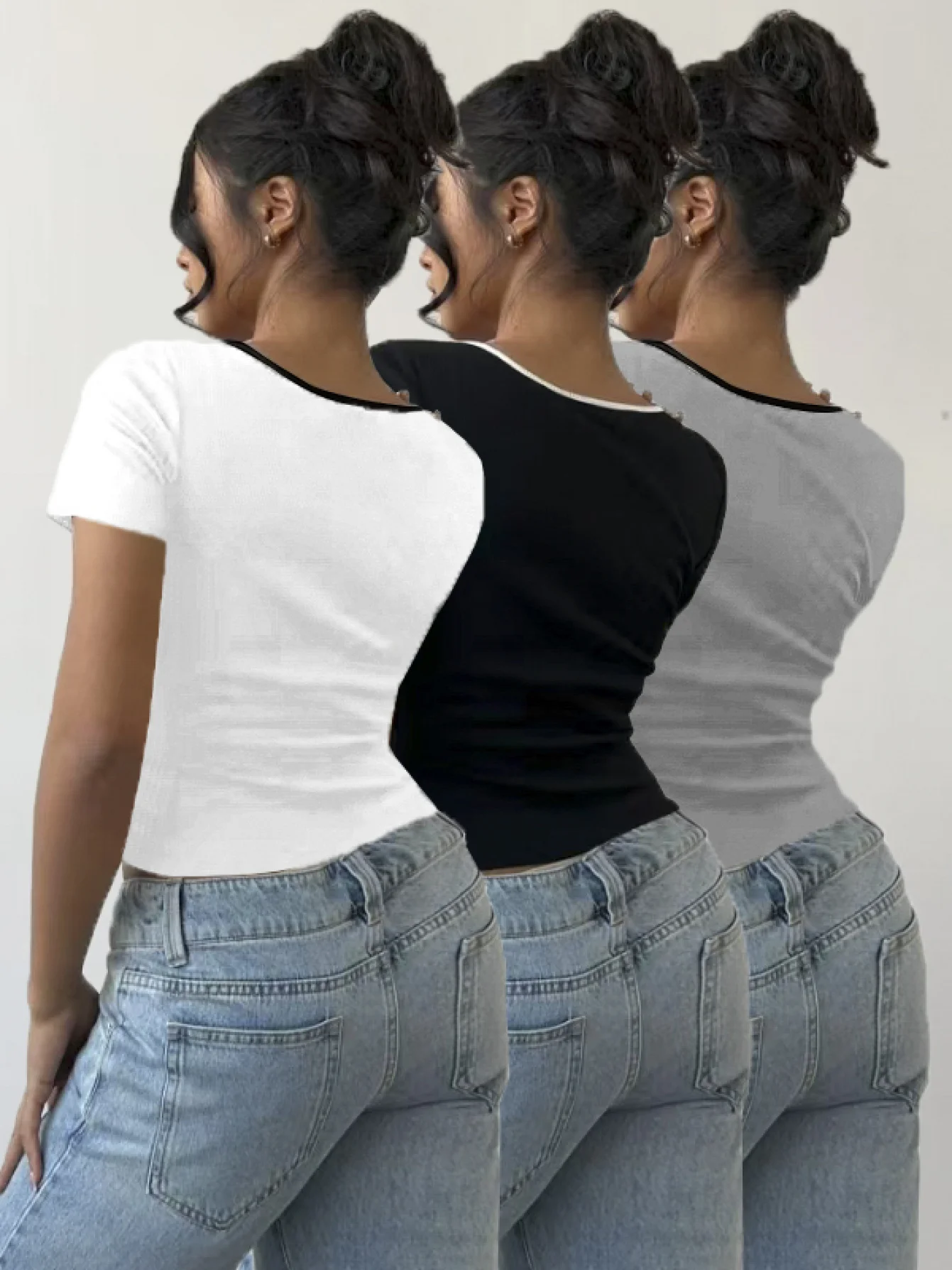 Maglieria leggera alla moda da donna, perfetta per la primavera e l'autunno, set di tre pezzi con t-shirt con dettaglio fiocco ed elegante