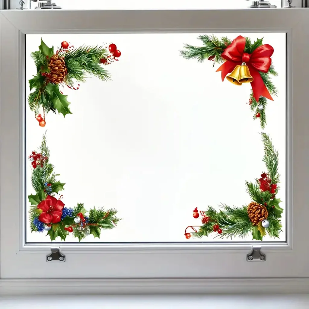 1pc Christmas Window Wall Decal - Pine Wreath with Gold Bells, Red Berries & Pinecones, Perfect for Glass Doors, Windows Decor