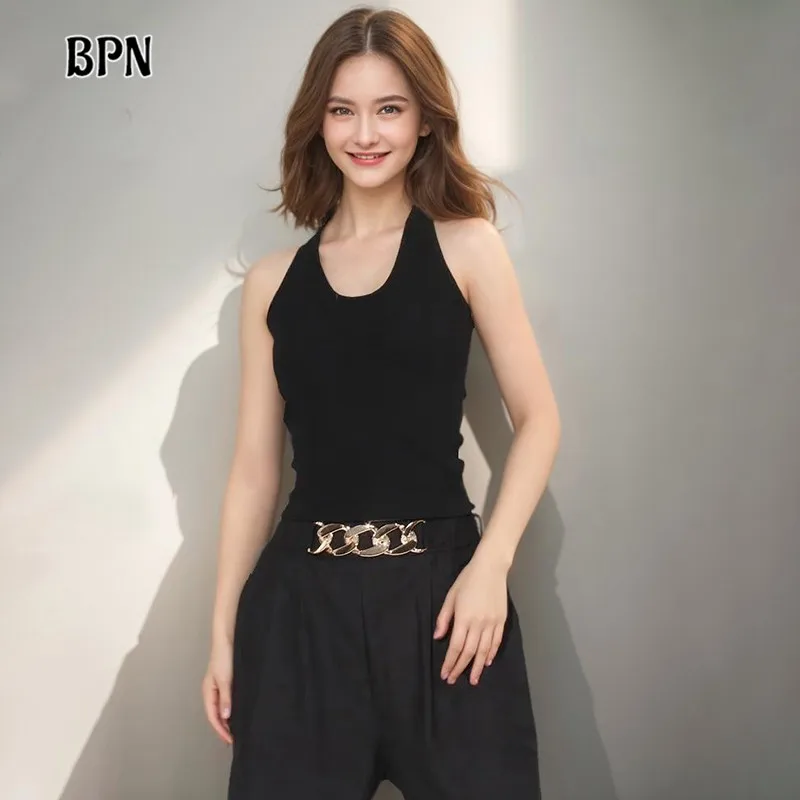 

BPN Casual Solid Vests For Women Round Neck Sleeveless Off Shoulder Slimming Minimalist Summer Tank Tops Female Fashion Clothing