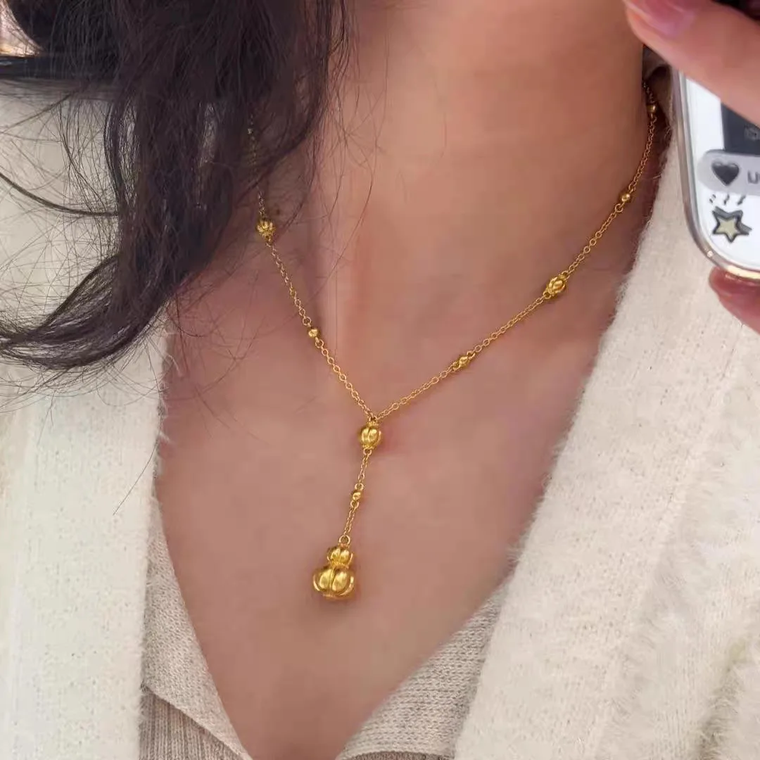 

AU999 24K Gold Filigree Y - Necklace | Enamel - painted pumpkin & gourd with pearl chain, hollow filigree, lively & noble